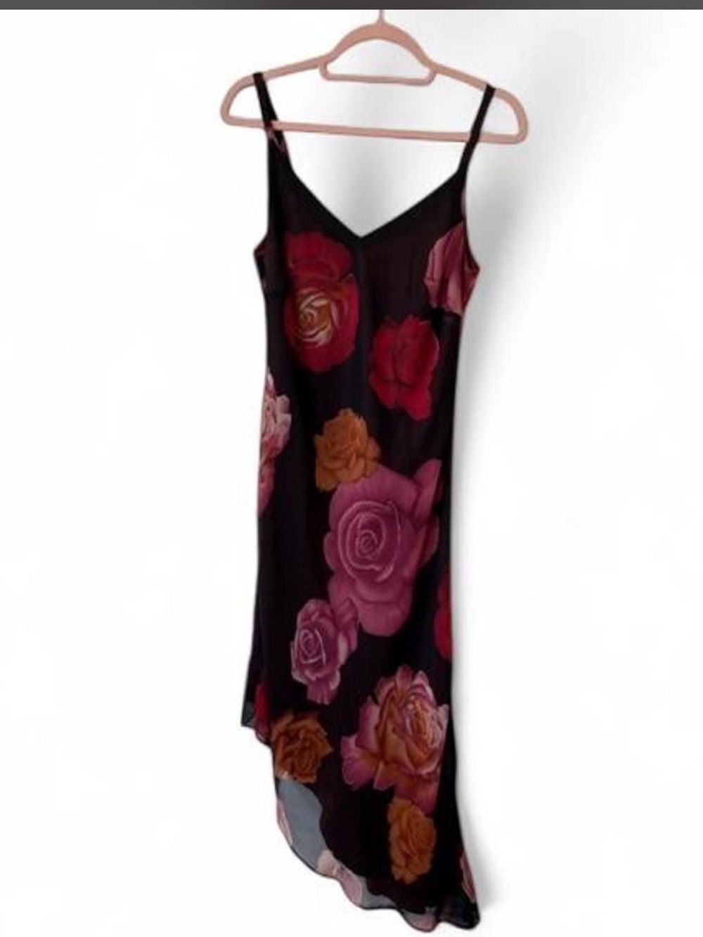 Betsy & Adam Black Slip Dress with Pink and Orange Rose Print